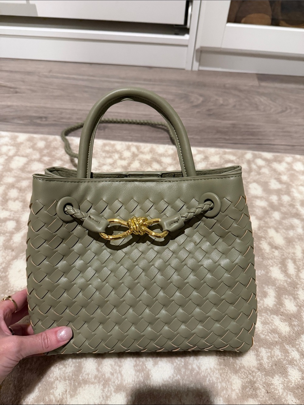 Olive Green Woven Top-Handle Tote with Gold Knot Accent